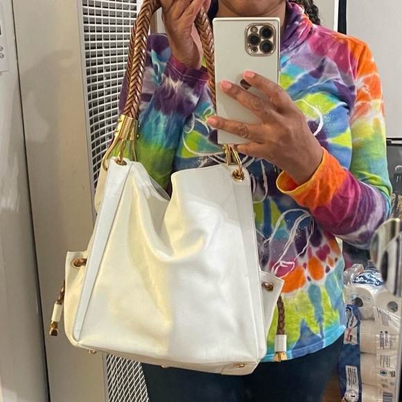 Michael Kors Skorpios White W/Brown Braided Handle Leather Shoulder Bag - Picture 8 of 9